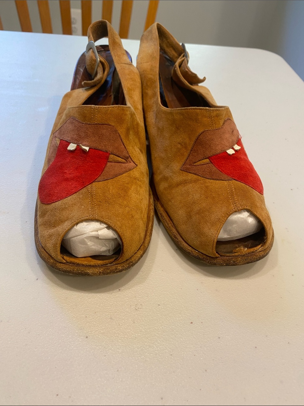 Brown Suede Peep-Toe Slingback Sandals with Red Lip Detail